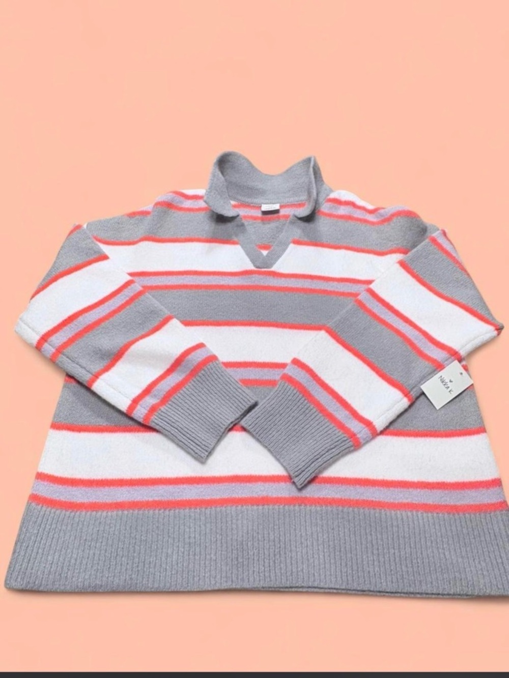 Women's Striped V-Neck Sweater in Gray, White & Coral